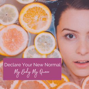 Declare Your New Normal Graphic with a burnette woman in bathtub filled with citrus fruits in the background