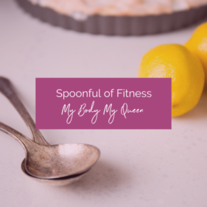 Banner for Spoonful of Fitness with antique spoon, 2 lemons, and a tart in the background